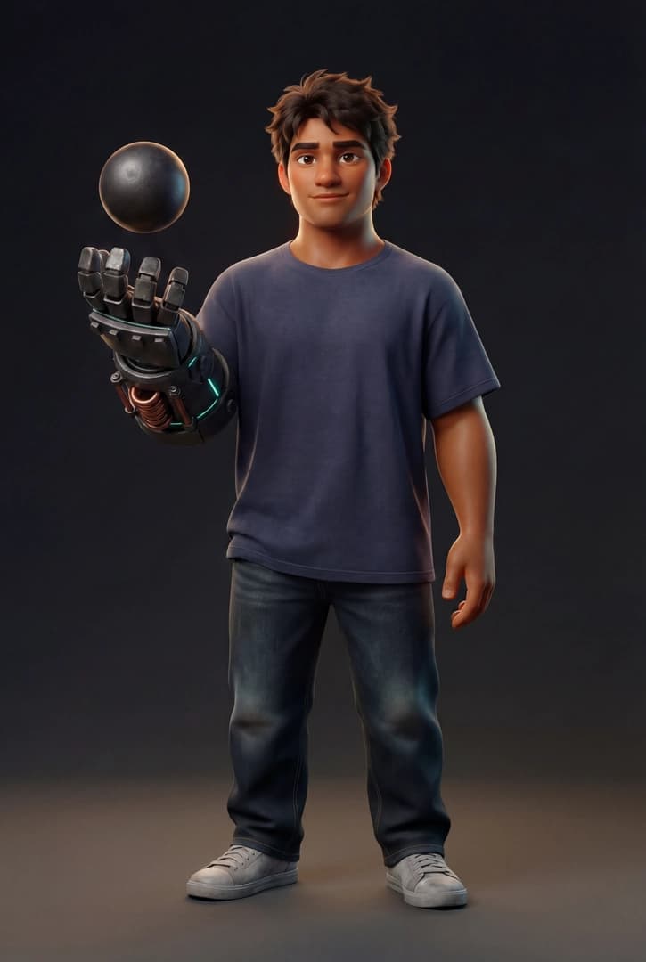 Kai with MagDust Glove — industrial electromagnetic gauntlet with teal circuitry