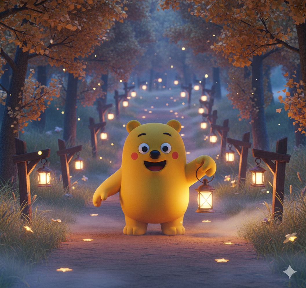 Zaro with lantern on forest path