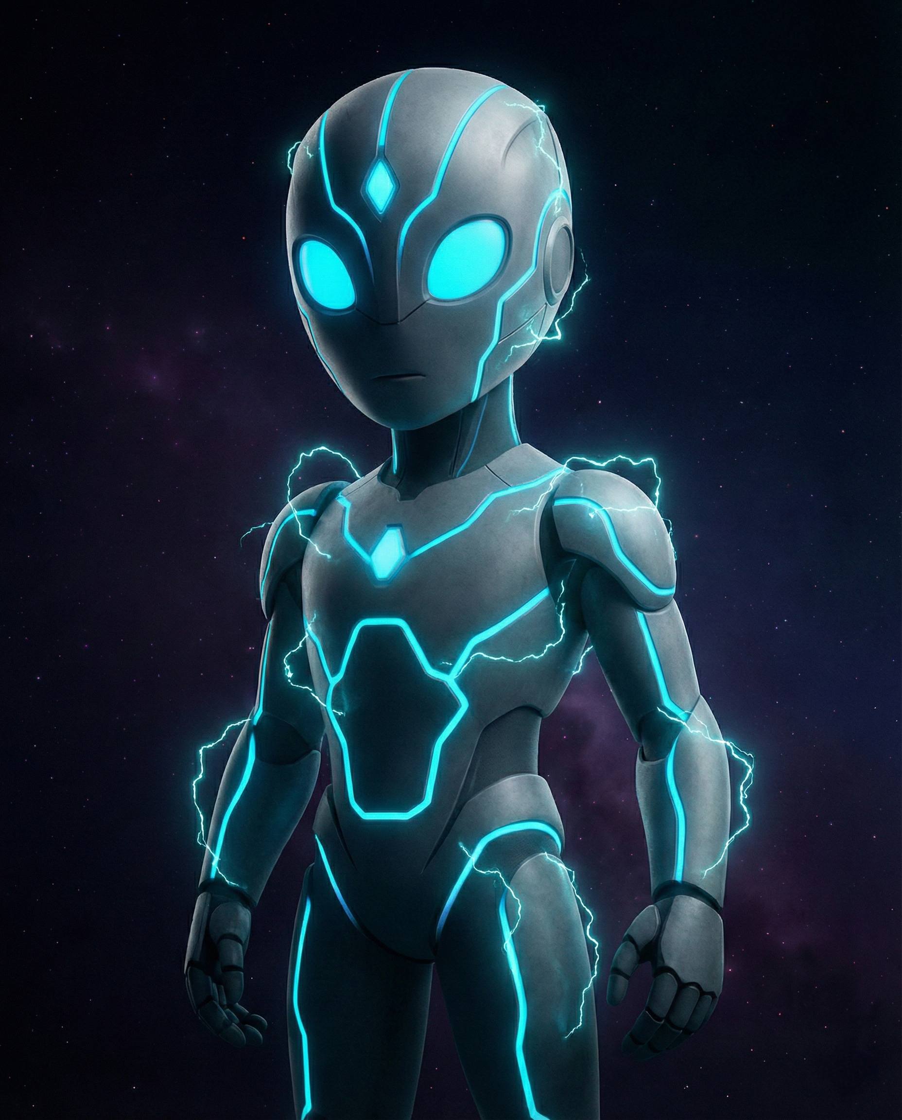 ARC-7 - The Cyan Prime, a humanoid figure with glowing cyan circuits