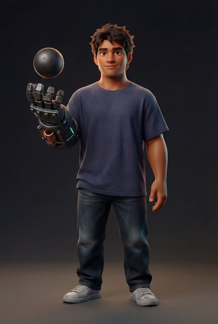 Kai with MagDust Glove — industrial electromagnetic gauntlet with teal circuitry