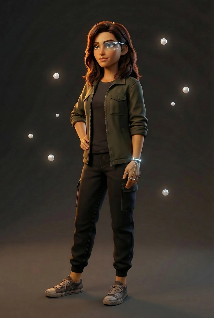 Mina with Fireflies system — AR glass, bracelet, finger sensors, and sensor drones