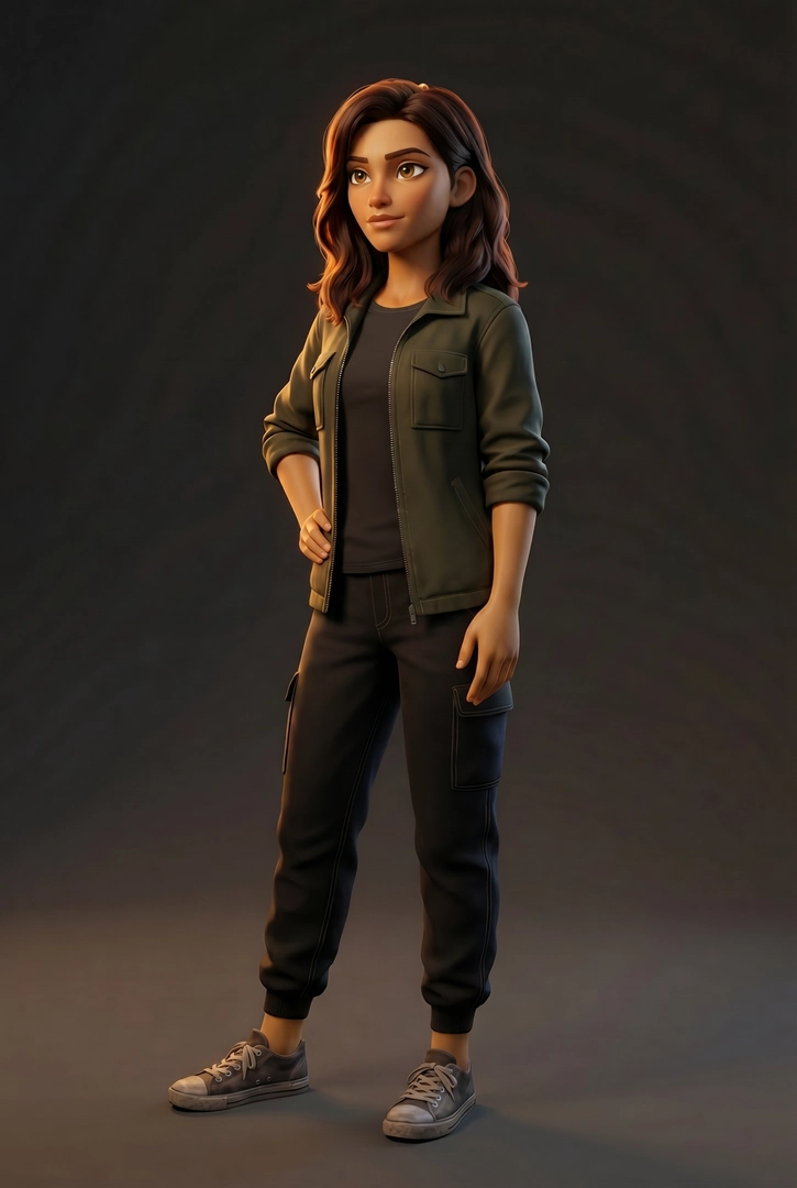 Mina — teen strategist with AR glasses and reddish-brown hair