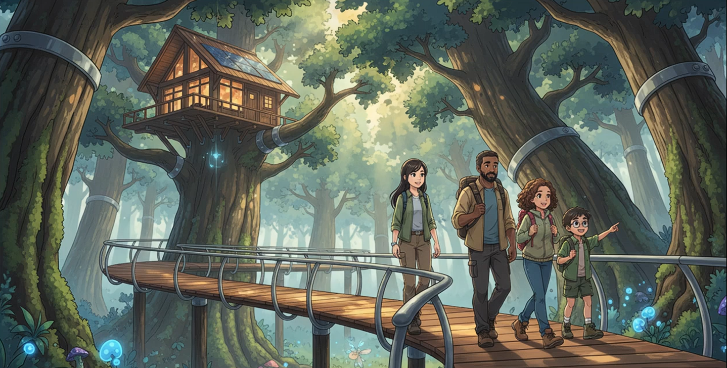 Elevated pathways through the forest with families exploring